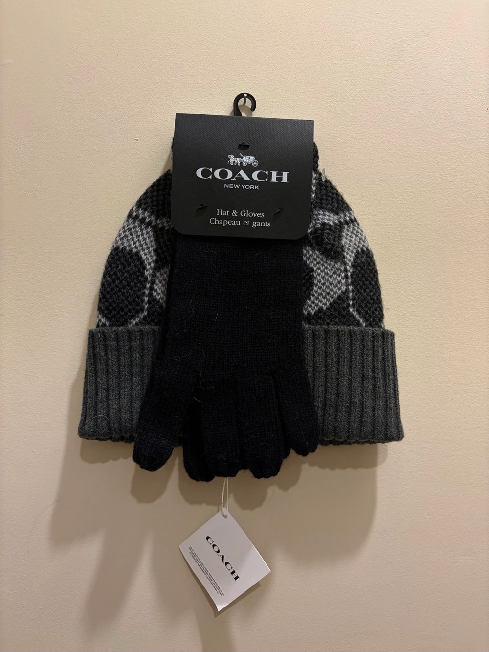 COACH Black & Gray Knit Beanie and Gloves Set